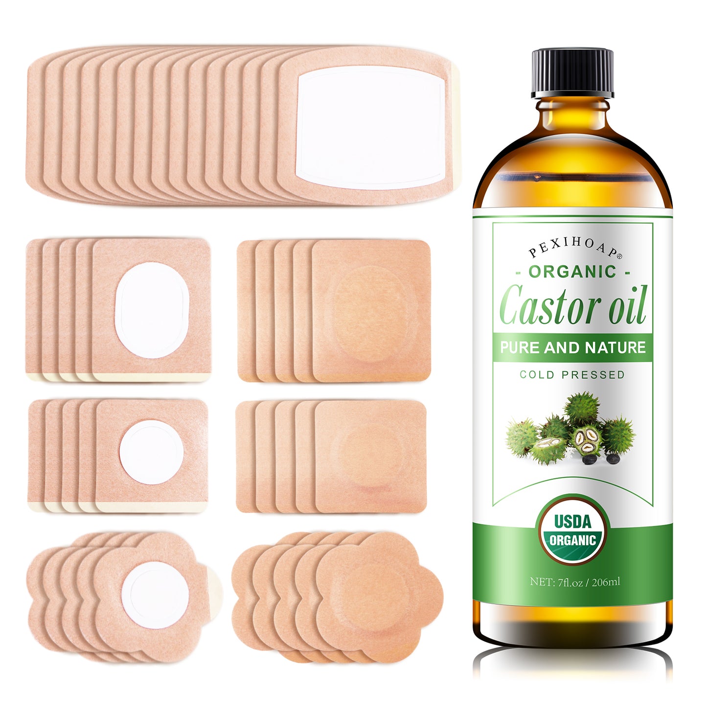 30Pcs Adhesive Castor Oil Patch with 7oz Organic Castor Oil Cold Pressed, Cotton Castor Oil Pack Wrap for Waist Back Neck Arm Belly