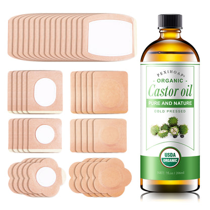 30Pcs Adhesive Castor Oil Patch with 7oz Organic Castor Oil Cold Pressed, Cotton Castor Oil Pack Wrap for Waist Back Neck Arm Belly