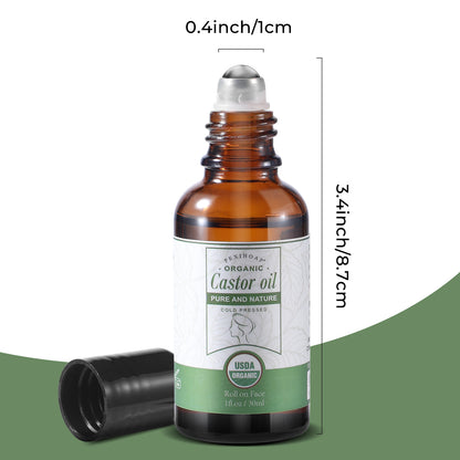 Roll on Castor Oil for Face Eye Hair Scalp Eyebrow, Castor Oil Under Eye Roller, Certified Organic Cold Pressed Castor Oil Roller Stick Glass Bottle - 1fl.oz Small Roller