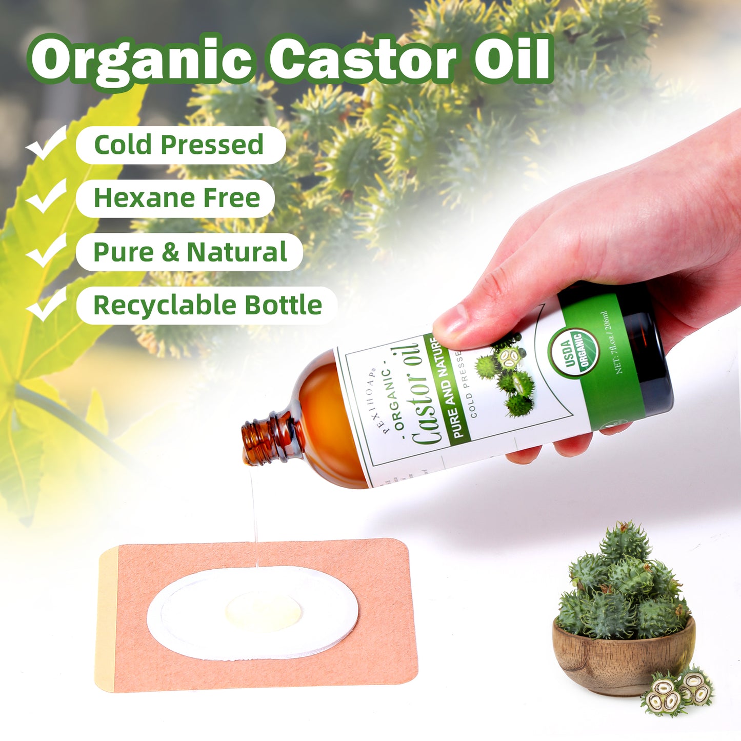 30Pcs Adhesive Castor Oil Patch with 7oz Organic Castor Oil Cold Pressed, Cotton Castor Oil Pack Wrap for Waist Back Neck Arm Belly