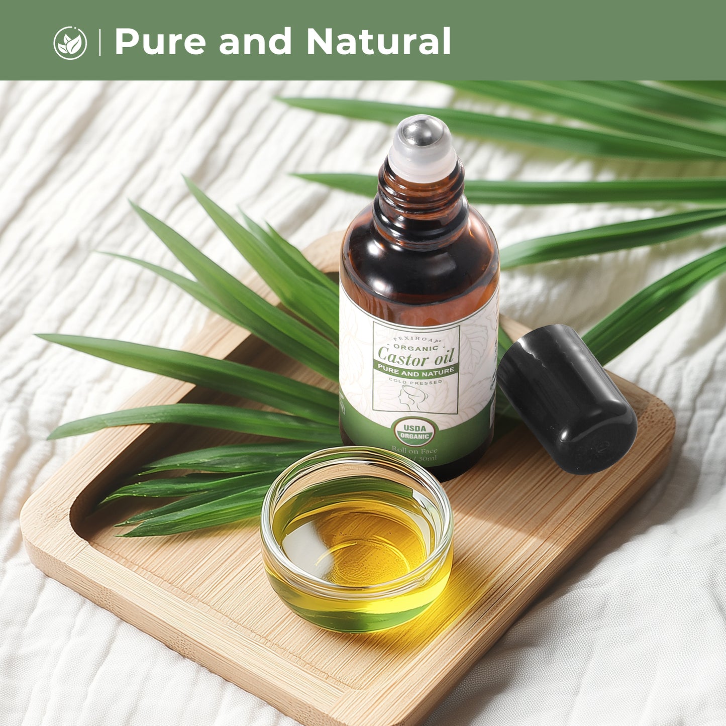 Roll on Castor Oil for Face Eye Hair Scalp Eyebrow, Castor Oil Under Eye Roller, Certified Organic Cold Pressed Castor Oil Roller Stick Glass Bottle - 1fl.oz Small Roller