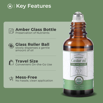 Roll on Castor Oil for Face Eye Hair Scalp Eyebrow, Castor Oil Under Eye Roller, Certified Organic Cold Pressed Castor Oil Roller Stick Glass Bottle - 1fl.oz Small Roller