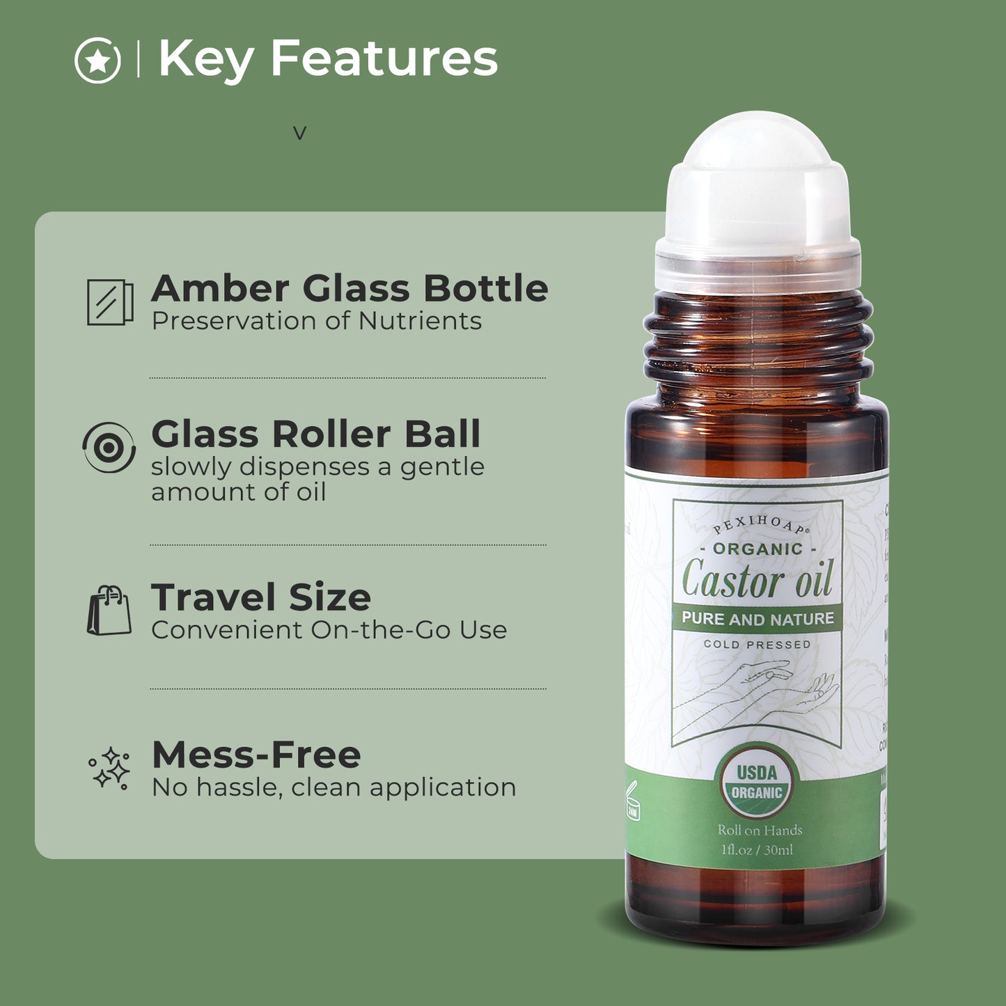 Castor Oil Roll on for Waist Belly Stomach Body Skin, Certified Organic Castor Oil Roller Stick Glass Bottle, Pure Cold Pressed Body Oil - 1fl.oz Medium Roller