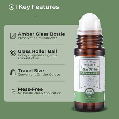 Castor Oil Roll on for Waist Belly Stomach Body Skin, Certified Organic Castor Oil Roller Stick Glass Bottle, Pure Cold Pressed Body Oil - 1fl.oz Medium Roller