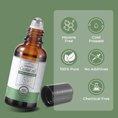 Roll on Castor Oil for Face Eye Hair Scalp Eyebrow, Castor Oil Under Eye Roller, Certified Organic Cold Pressed Castor Oil Roller Stick Glass Bottle - 1fl.oz Small Roller