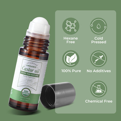 Castor Oil Roll on for Waist Belly Stomach Body Skin, Certified Organic Castor Oil Roller Stick Glass Bottle, Pure Cold Pressed Body Oil - 1fl.oz Medium Roller
