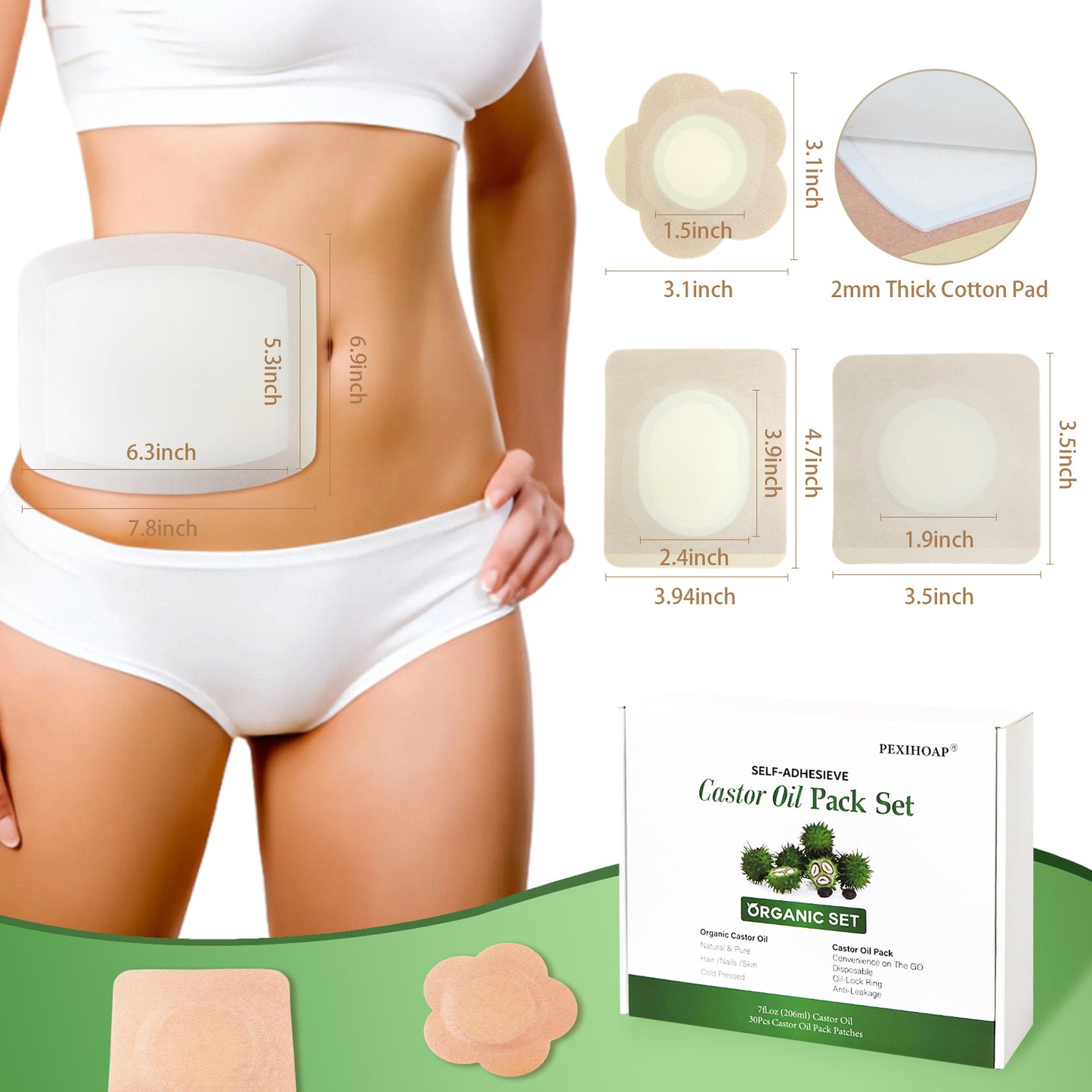 30Pcs Adhesive Castor Oil Patch with 7oz Organic Castor Oil Cold Pressed, Cotton Castor Oil Pack Wrap for Waist Back Neck Arm Belly