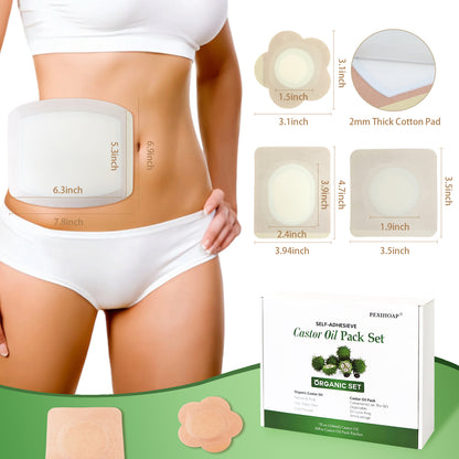 30Pcs Adhesive Castor Oil Patch with 7oz Organic Castor Oil Cold Pressed, Cotton Castor Oil Pack Wrap for Waist Back Neck Arm Belly